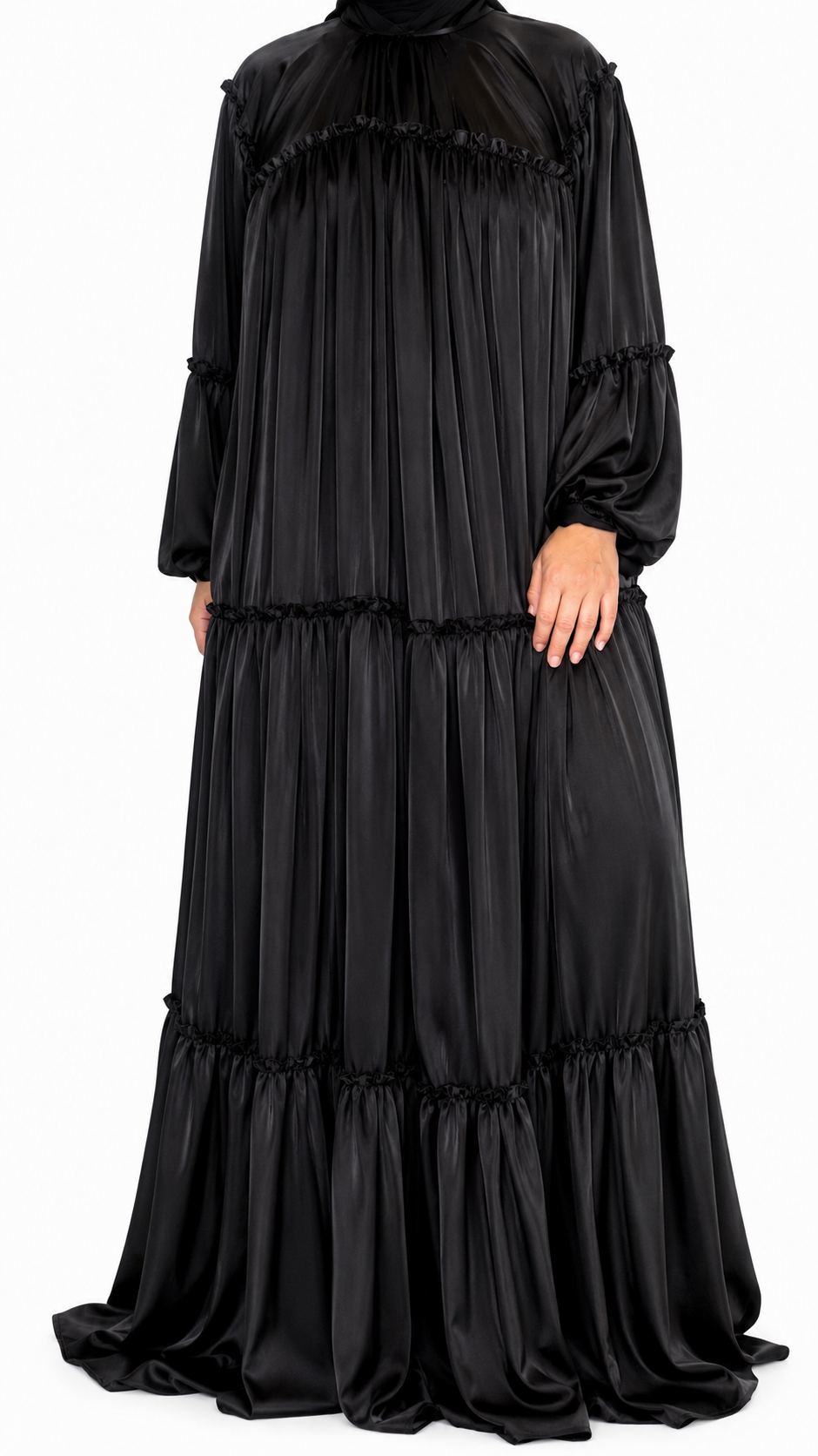 ✨Luxury Tiered Silk Abaya with Matching Shayla ✨