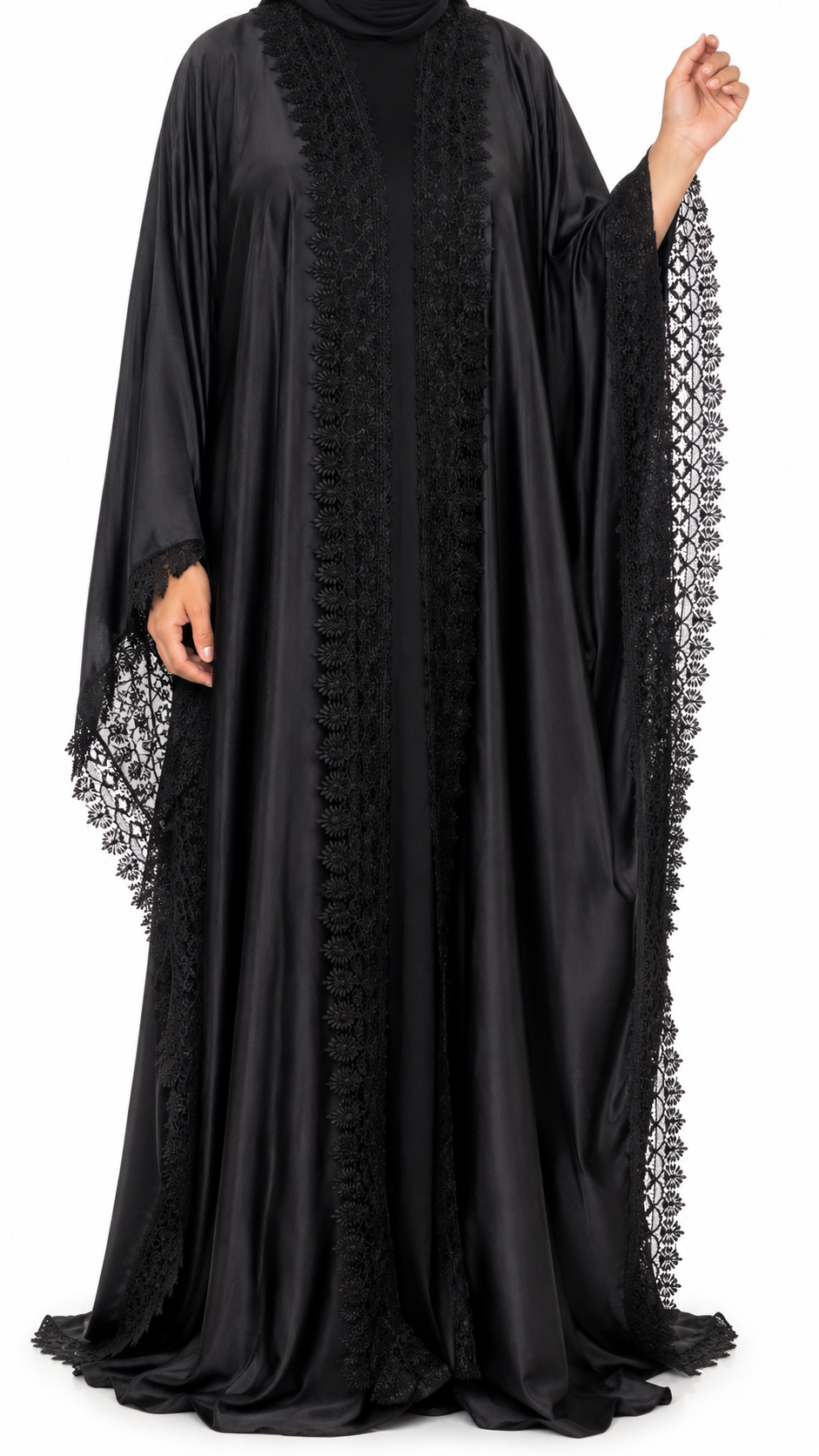 ✨Elegant Black Silk Lace Abaya Set✨