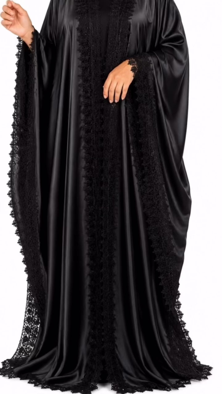 ✨Elegant Black Silk Lace Abaya Set✨
